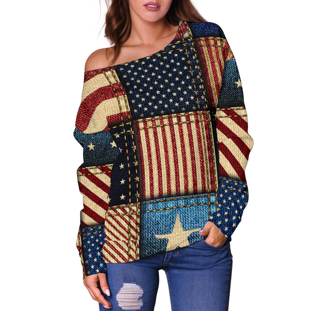 American Flag Patchwork Design Off Shoulder Sweatshirt
