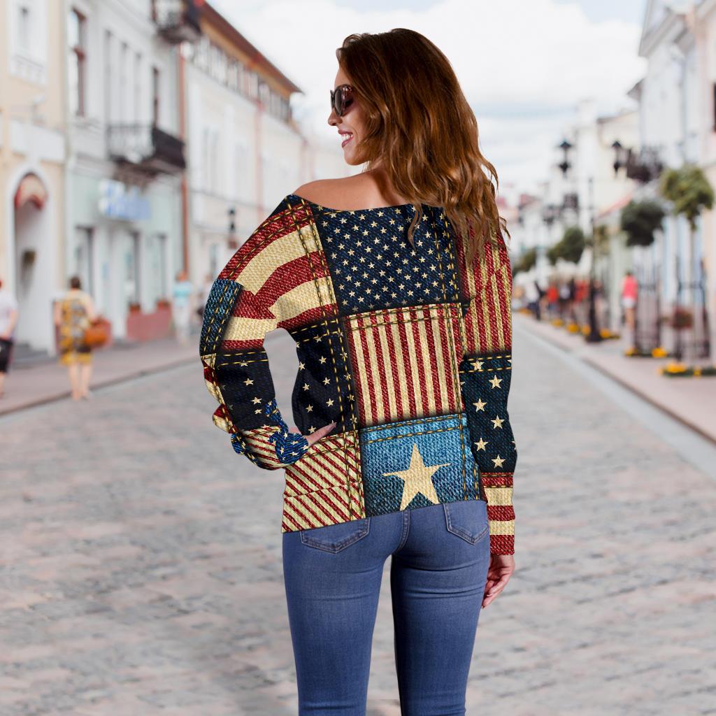 American Flag Patchwork Design Off Shoulder Sweatshirt