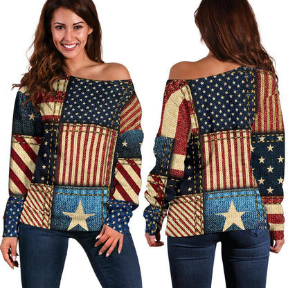 American Flag Patchwork Design Off Shoulder Sweatshirt