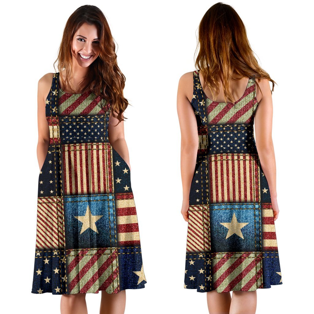 American Flag Patchwork Design Sleeveless Dress