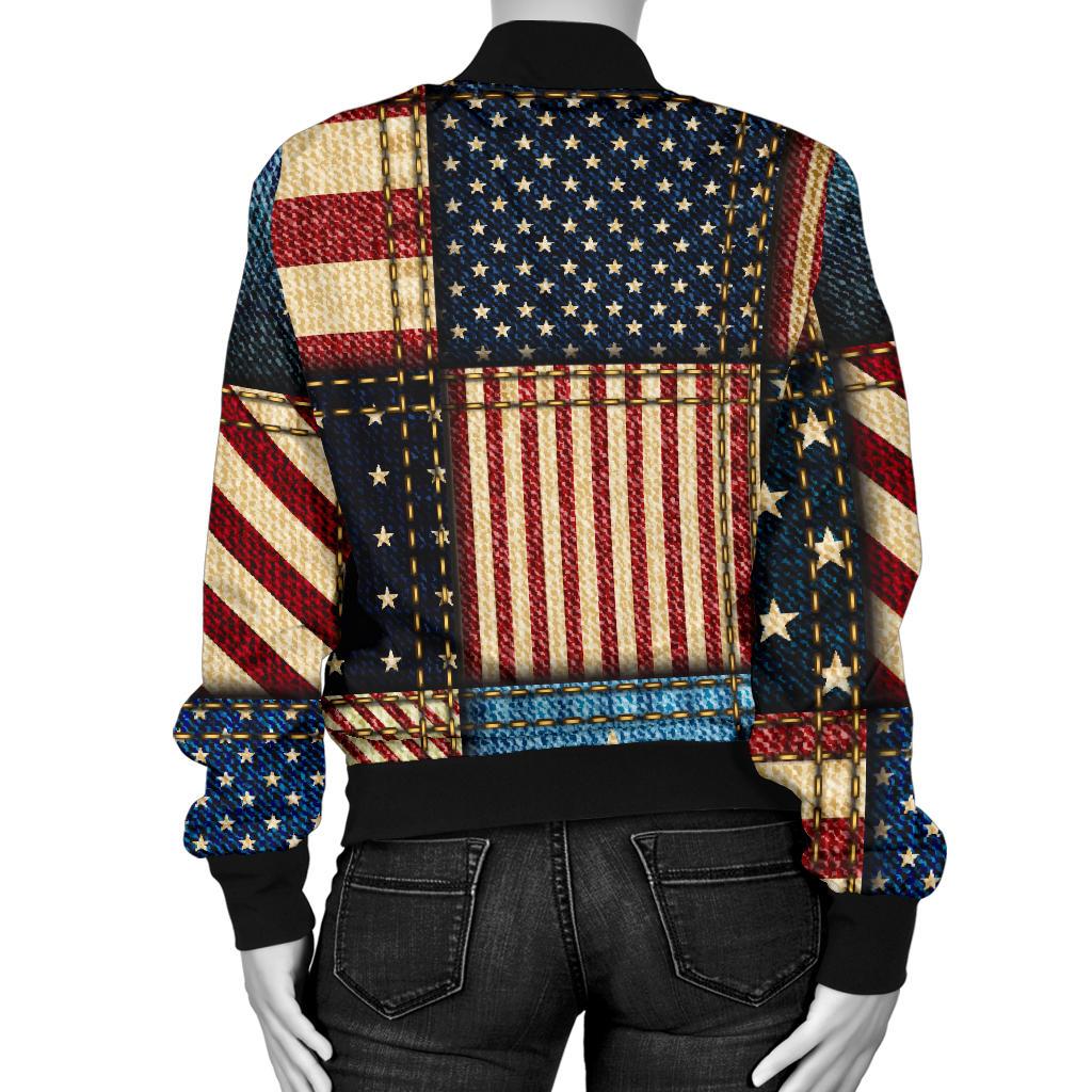 American Flag Patchwork Design Women Casual Bomber Jacket