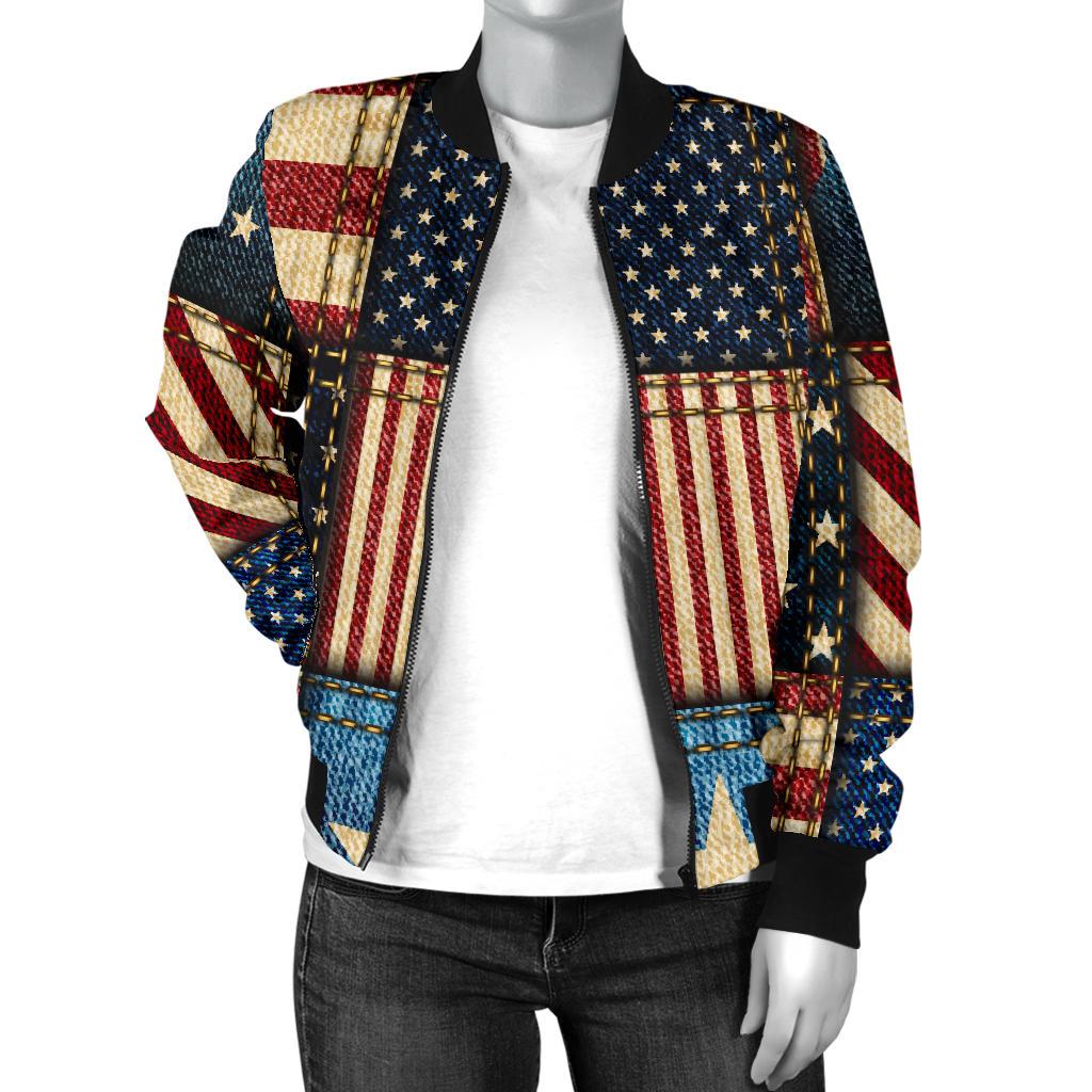 American Flag Patchwork Design Women Casual Bomber Jacket