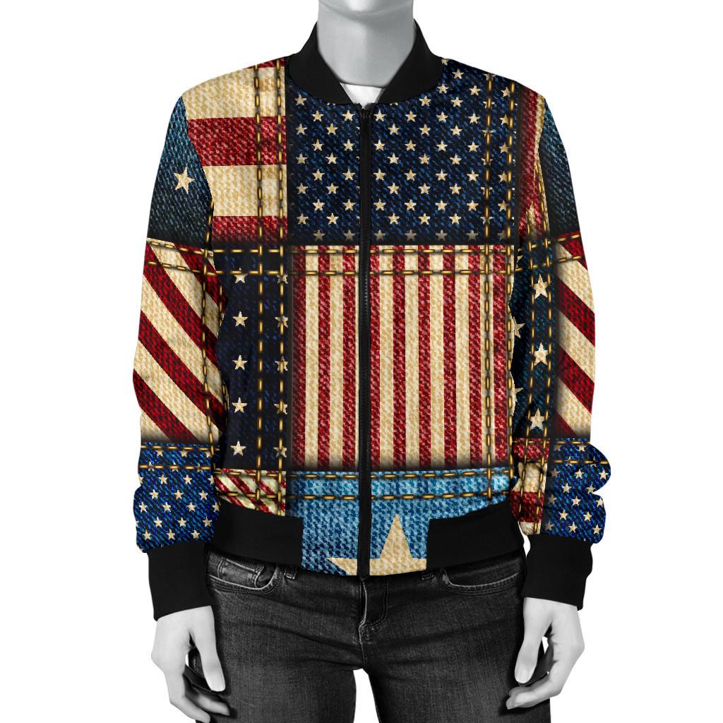 American Flag Patchwork Design Women Casual Bomber Jacket