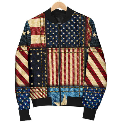 American Flag Patchwork Design Women Casual Bomber Jacket