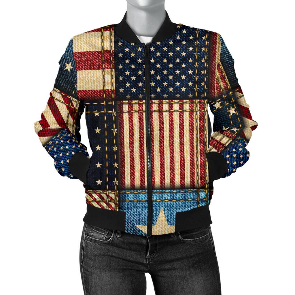 American Flag Patchwork Design Women Casual Bomber Jacket