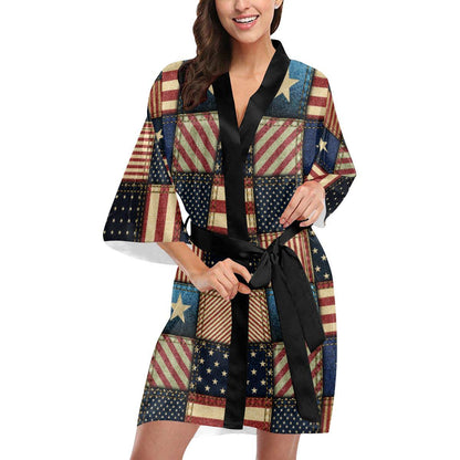 American flag Patchwork Design Women Short Kimono Robe