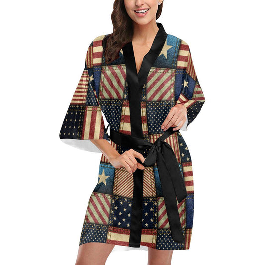 American flag Patchwork Design Women Short Kimono Robe