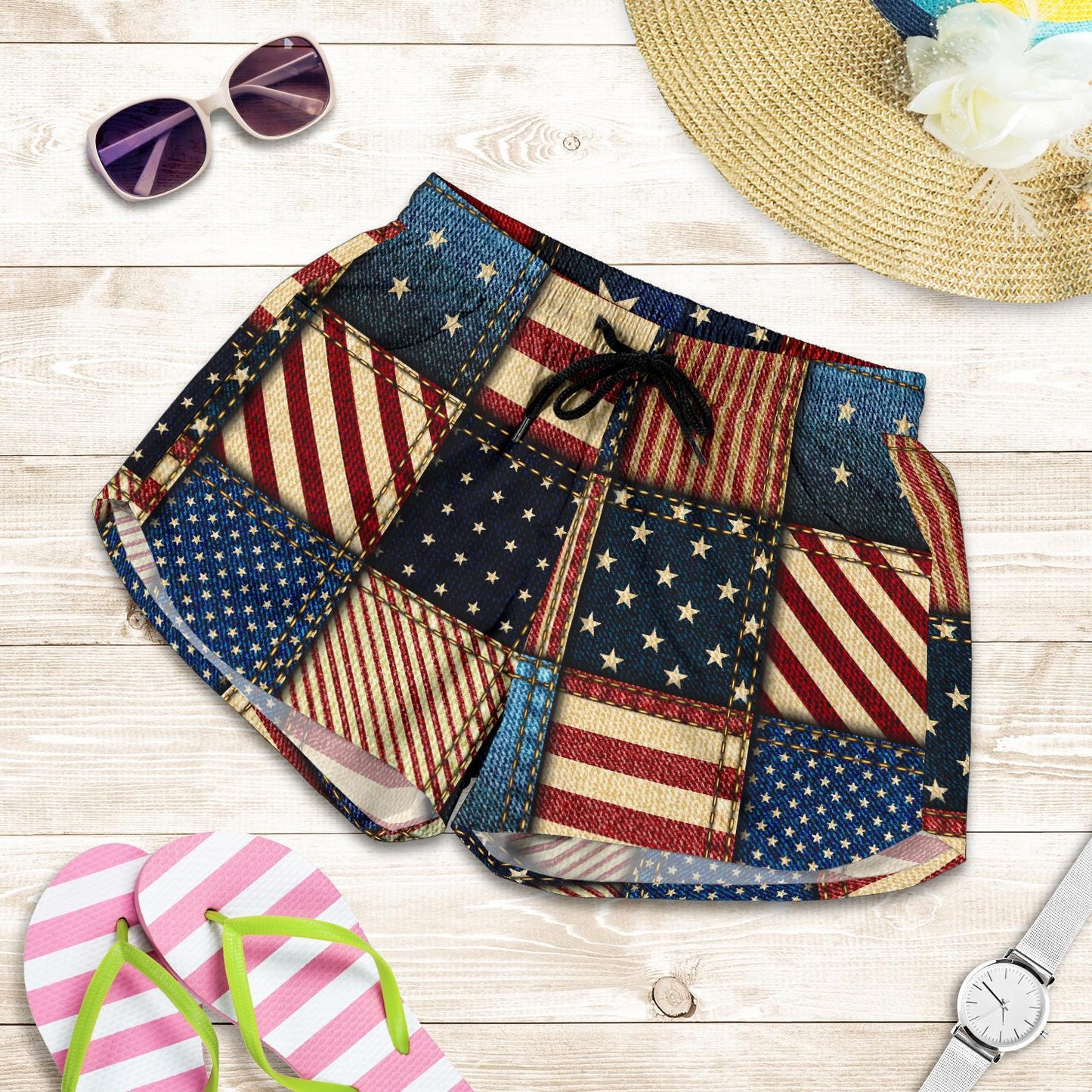 American flag Patchwork Design Women Shorts-JTAMIGO.COM
