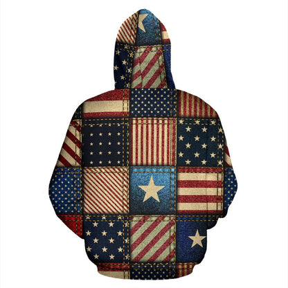 American Flag Patchwork Design Zip Up Hoodie