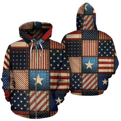 American Flag Patchwork Design Zip Up Hoodie