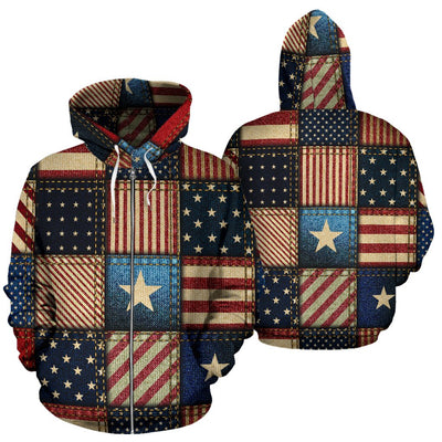 American Flag Patchwork Design Zip Up Hoodie
