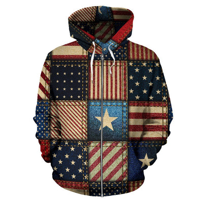 American Flag Patchwork Design Zip Up Hoodie