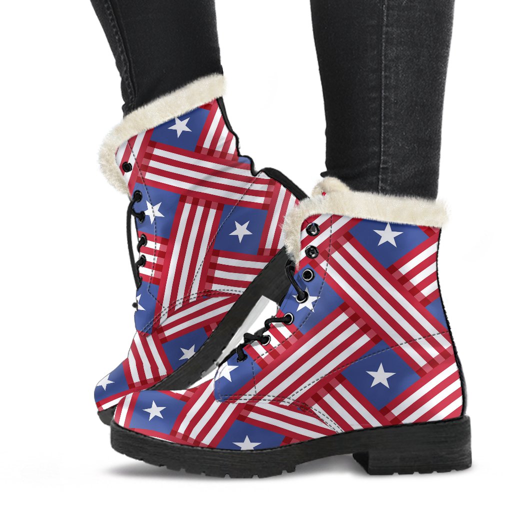 American flag Pattern Faux Fur Leather Boots-JTAMIGO.COM