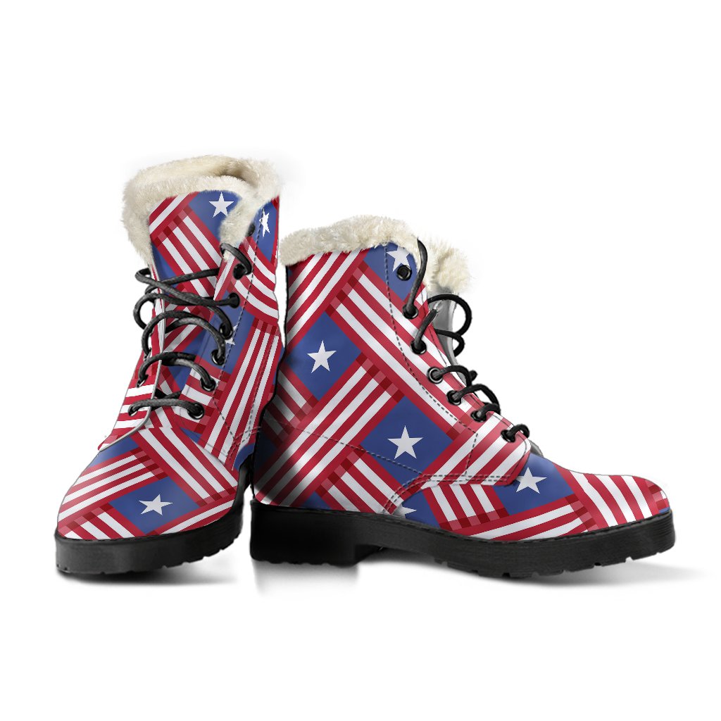 American flag Pattern Faux Fur Leather Boots-JTAMIGO.COM