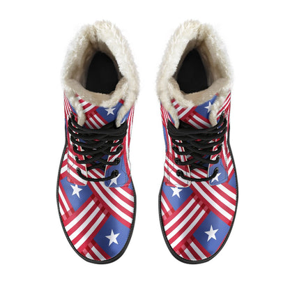 American flag Pattern Faux Fur Leather Boots-JTAMIGO.COM