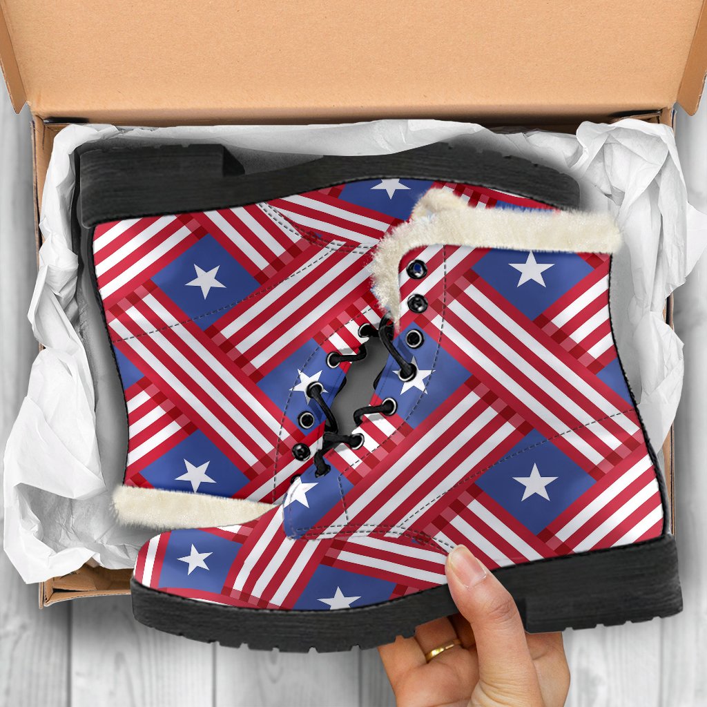 American flag Pattern Faux Fur Leather Boots-JTAMIGO.COM