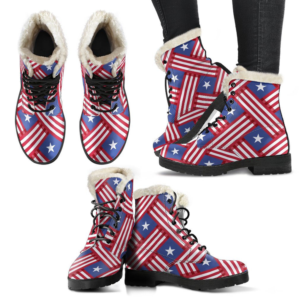 American flag Pattern Faux Fur Leather Boots-JTAMIGO.COM