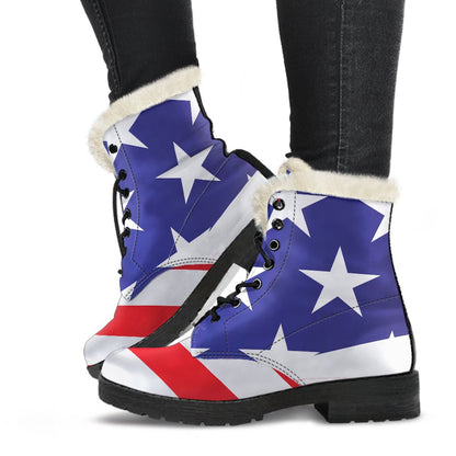 American flag Print Faux Fur Leather Boots-JTAMIGO.COM