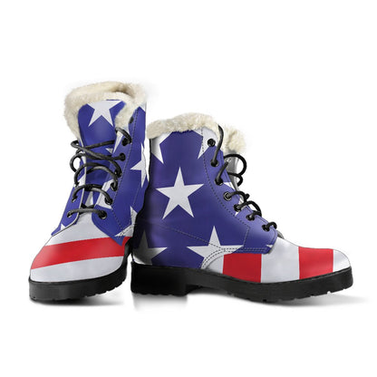 American flag Print Faux Fur Leather Boots-JTAMIGO.COM