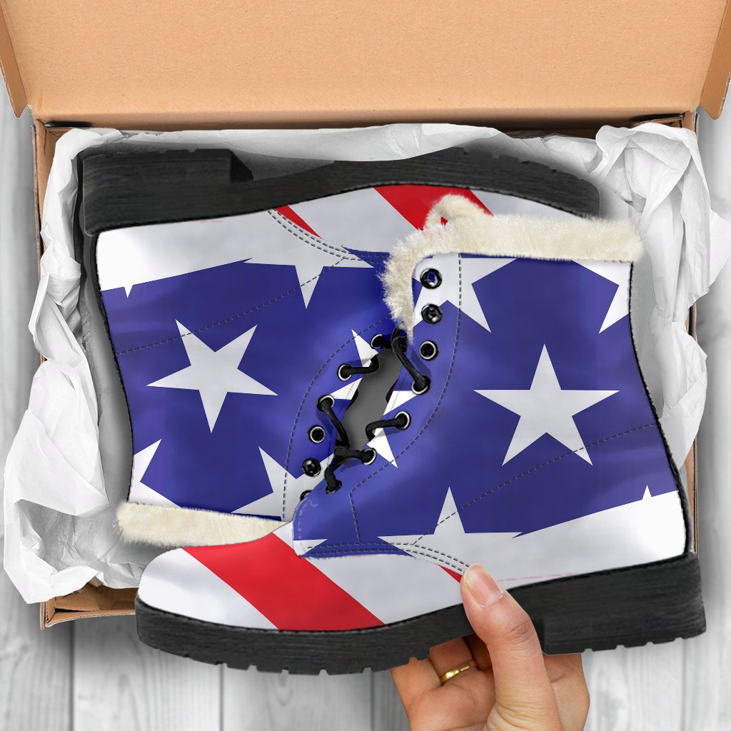American flag Print Faux Fur Leather Boots-JTAMIGO.COM