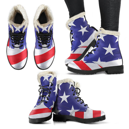 American flag Print Faux Fur Leather Boots-JTAMIGO.COM