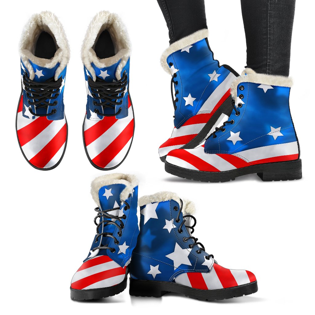 American flag Style Faux Fur Leather Boots-JTAMIGO.COM
