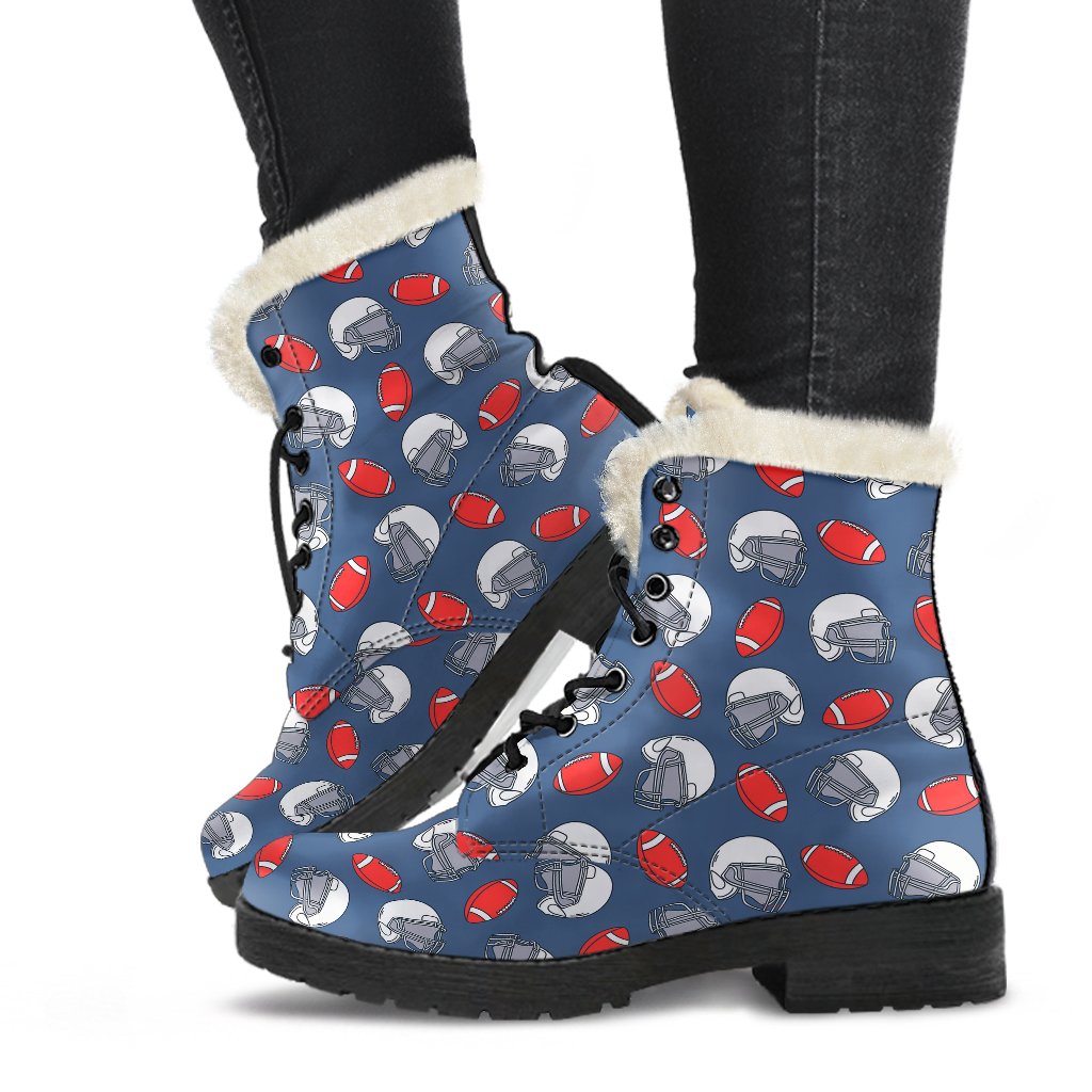 American Football Helmet Design Pattern Faux Fur Leather Boots-JTAMIGO.COM