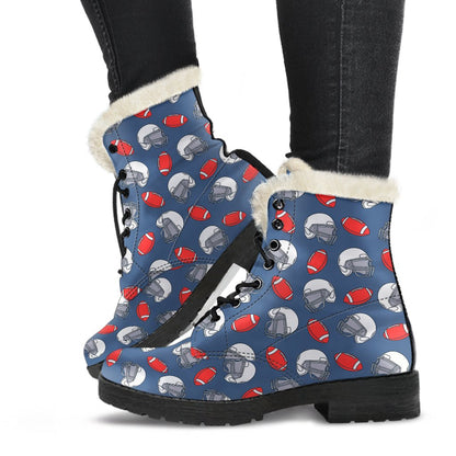 American Football Helmet Design Pattern Faux Fur Leather Boots-JTAMIGO.COM