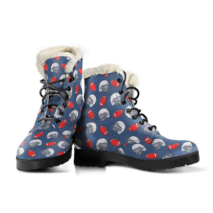 American Football Helmet Design Pattern Faux Fur Leather Boots-JTAMIGO.COM
