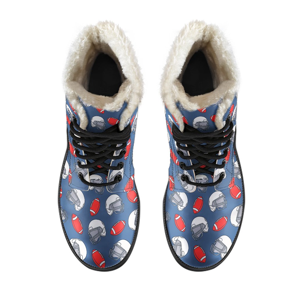 American Football Helmet Design Pattern Faux Fur Leather Boots-JTAMIGO.COM