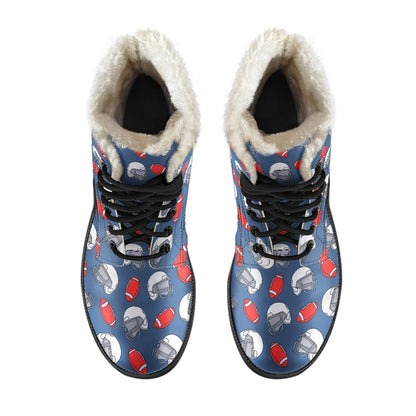 American Football Helmet Design Pattern Faux Fur Leather Boots-JTAMIGO.COM