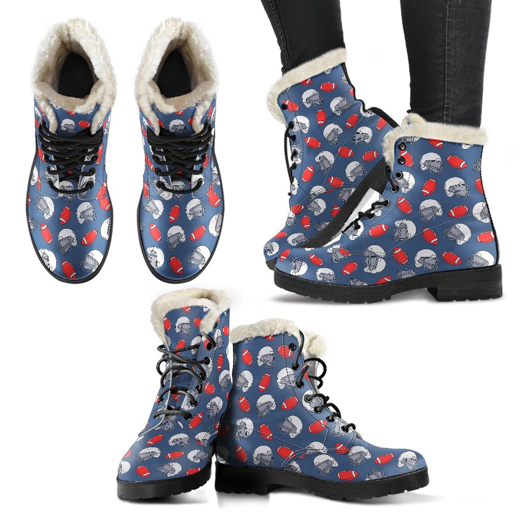 American Football Helmet Design Pattern Faux Fur Leather Boots-JTAMIGO.COM