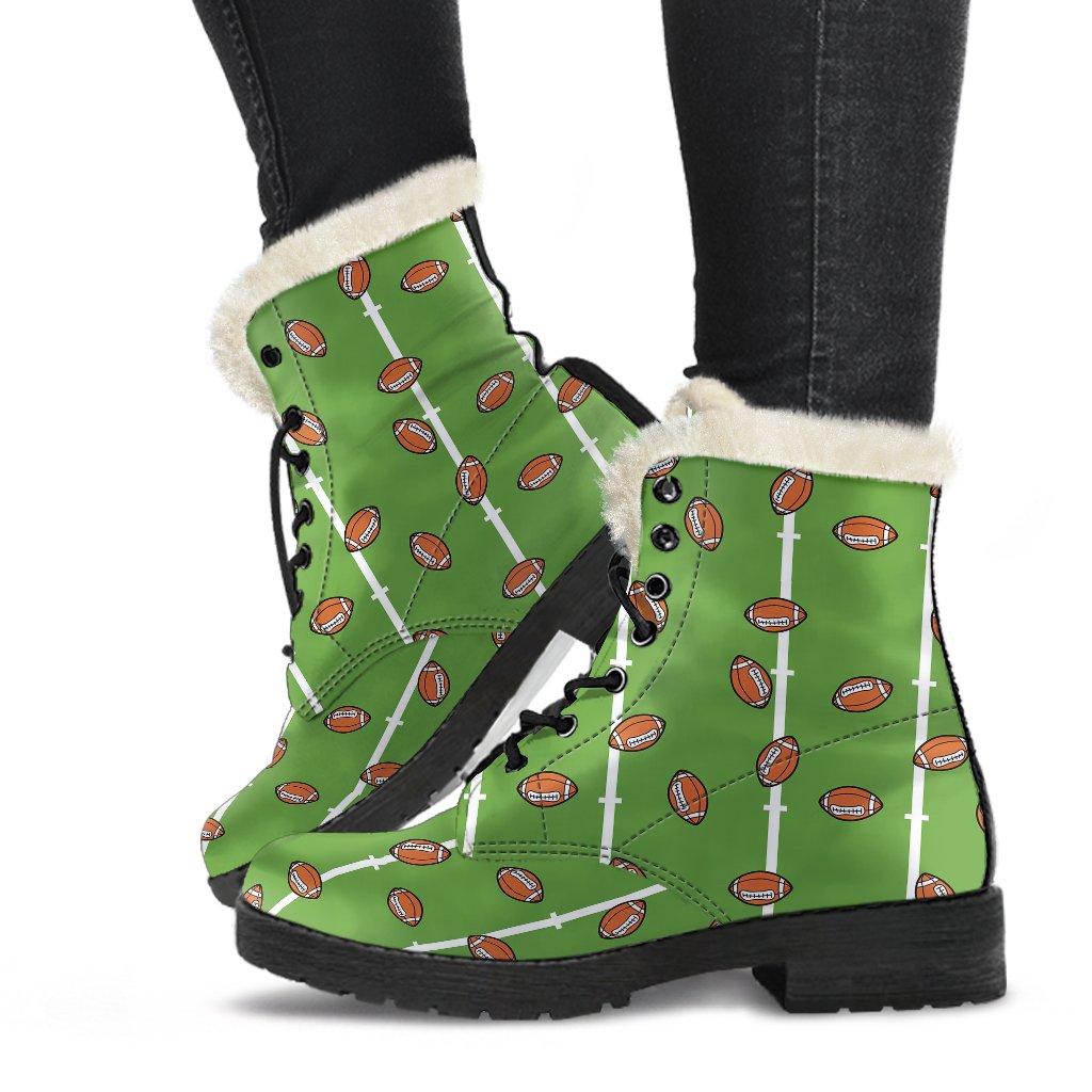 American Football on Field Themed Print Faux Fur Leather Boots-JTAMIGO.COM