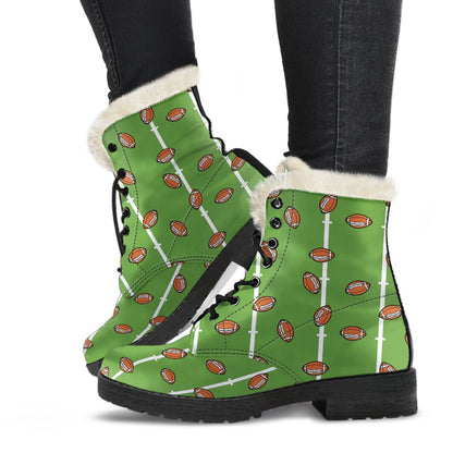 American Football on Field Themed Print Faux Fur Leather Boots-JTAMIGO.COM