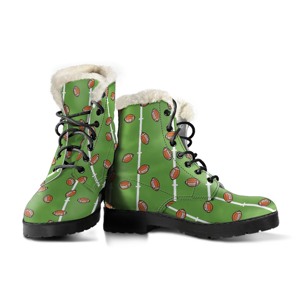 American Football on Field Themed Print Faux Fur Leather Boots-JTAMIGO.COM