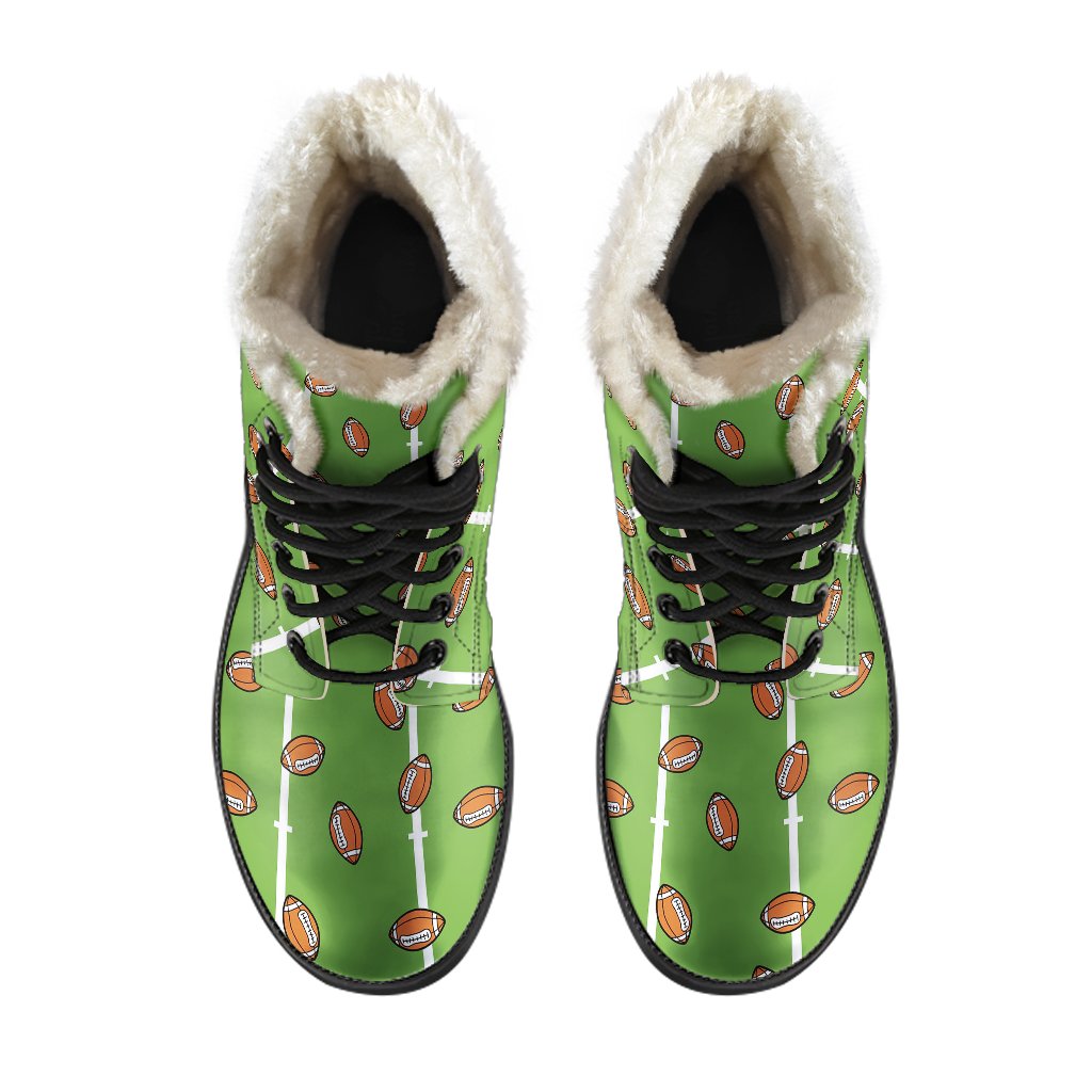 American Football on Field Themed Print Faux Fur Leather Boots-JTAMIGO.COM
