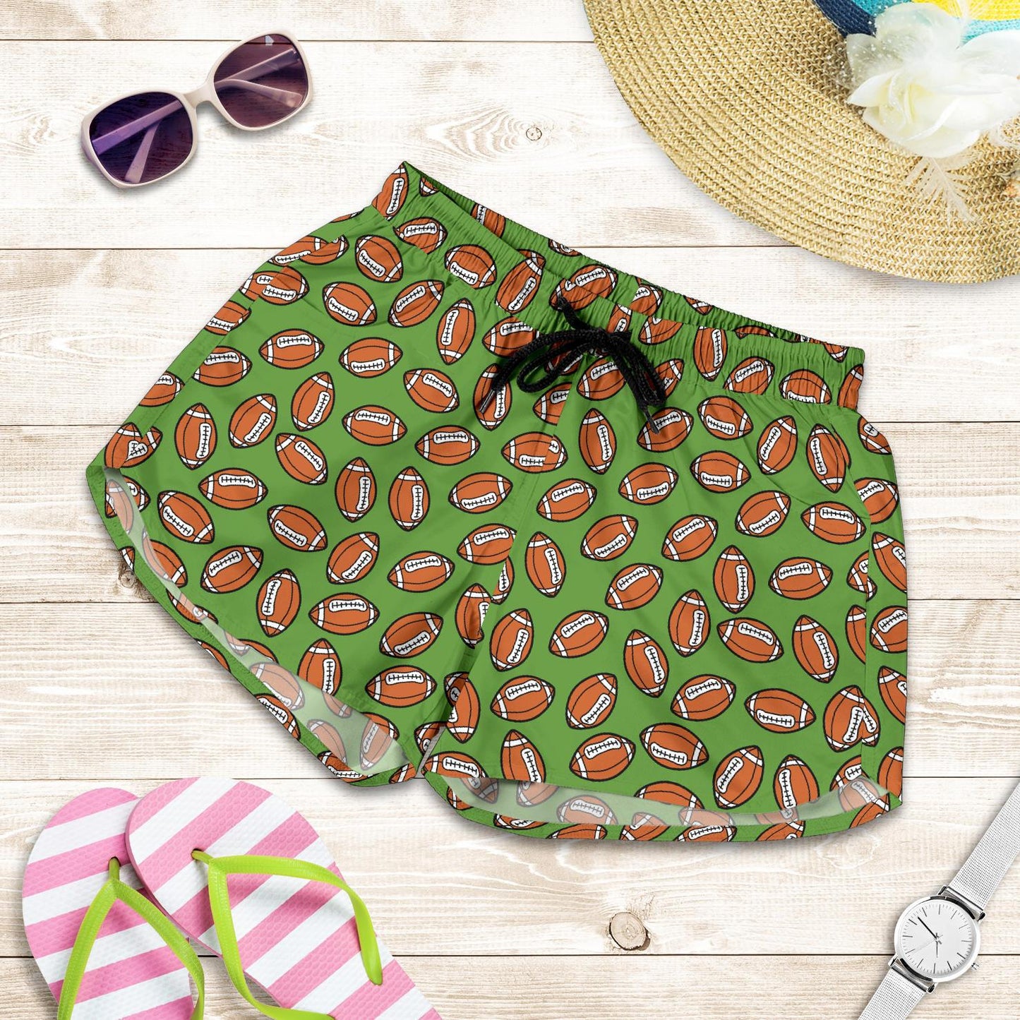 American Football on Green Design Women Shorts-JTAMIGO.COM