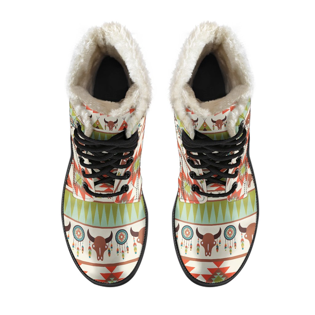 American indian Ethnic Pattern Faux Fur Leather Boots-JTAMIGO.COM