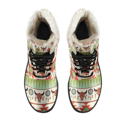 American indian Ethnic Pattern Faux Fur Leather Boots-JTAMIGO.COM