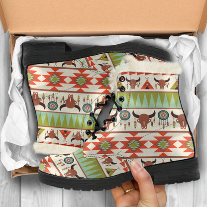 American indian Ethnic Pattern Faux Fur Leather Boots-JTAMIGO.COM