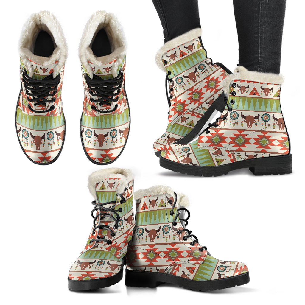 American indian Ethnic Pattern Faux Fur Leather Boots-JTAMIGO.COM