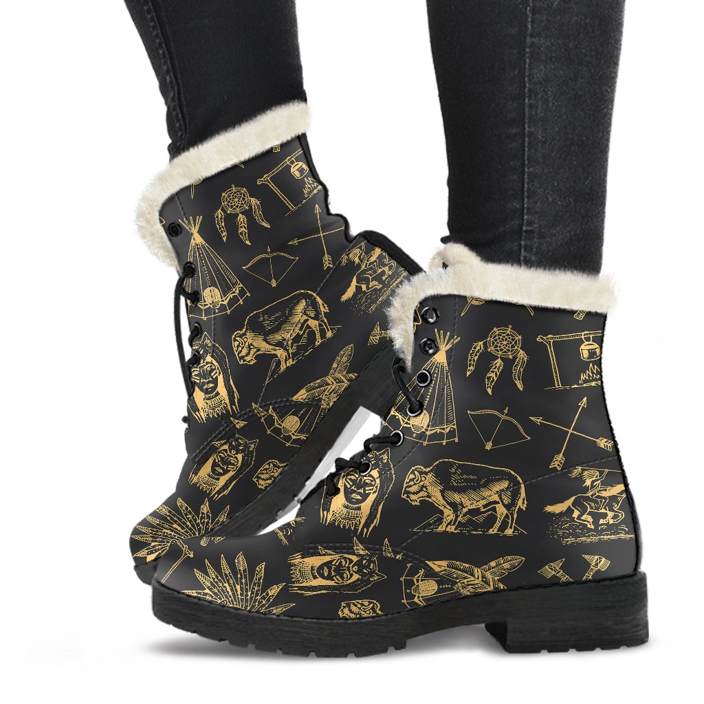 American indian Gold Style Faux Fur Leather Boots-JTAMIGO.COM