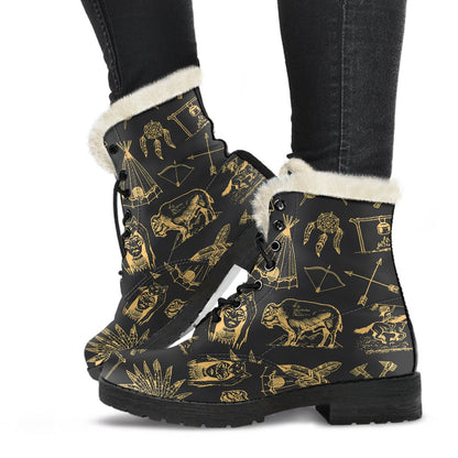 American indian Gold Style Faux Fur Leather Boots-JTAMIGO.COM