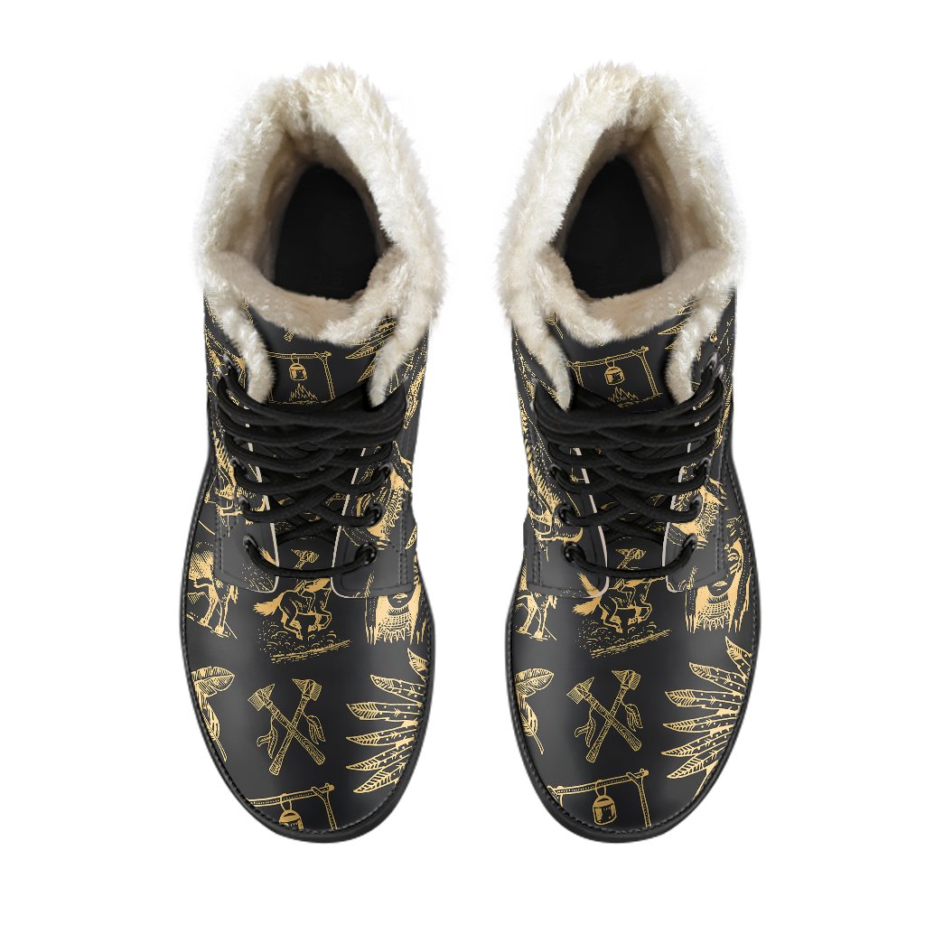 American indian Gold Style Faux Fur Leather Boots-JTAMIGO.COM