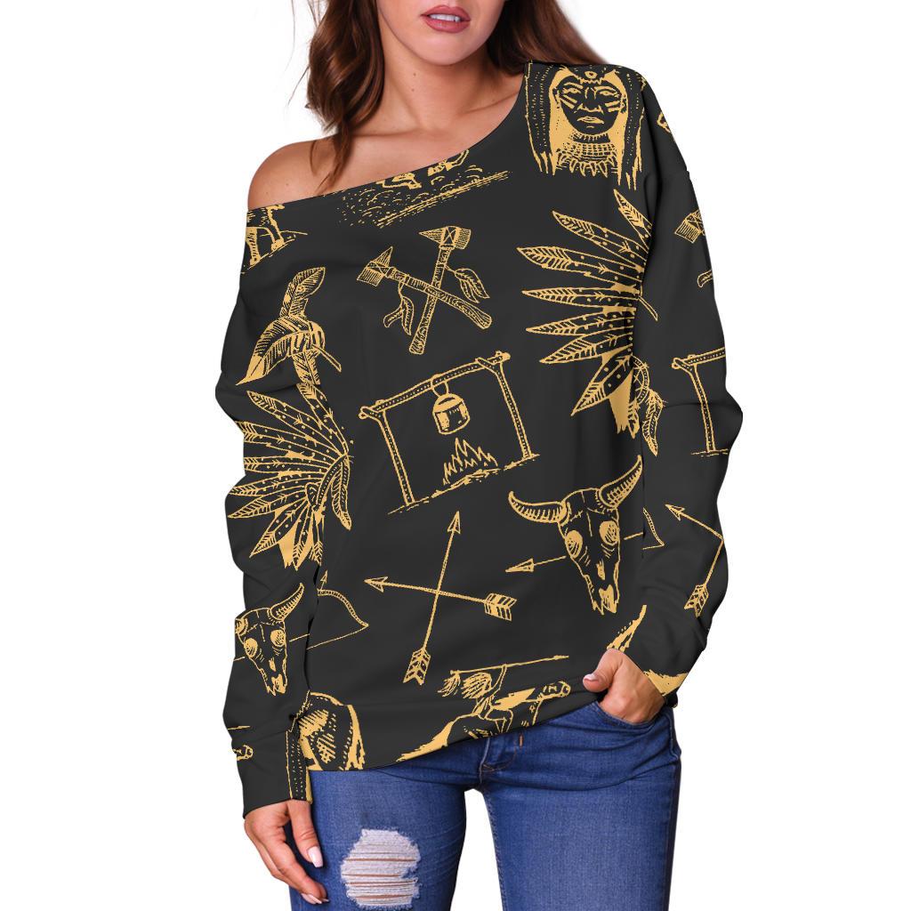 American Indian Gold Style Off Shoulder Sweatshirt