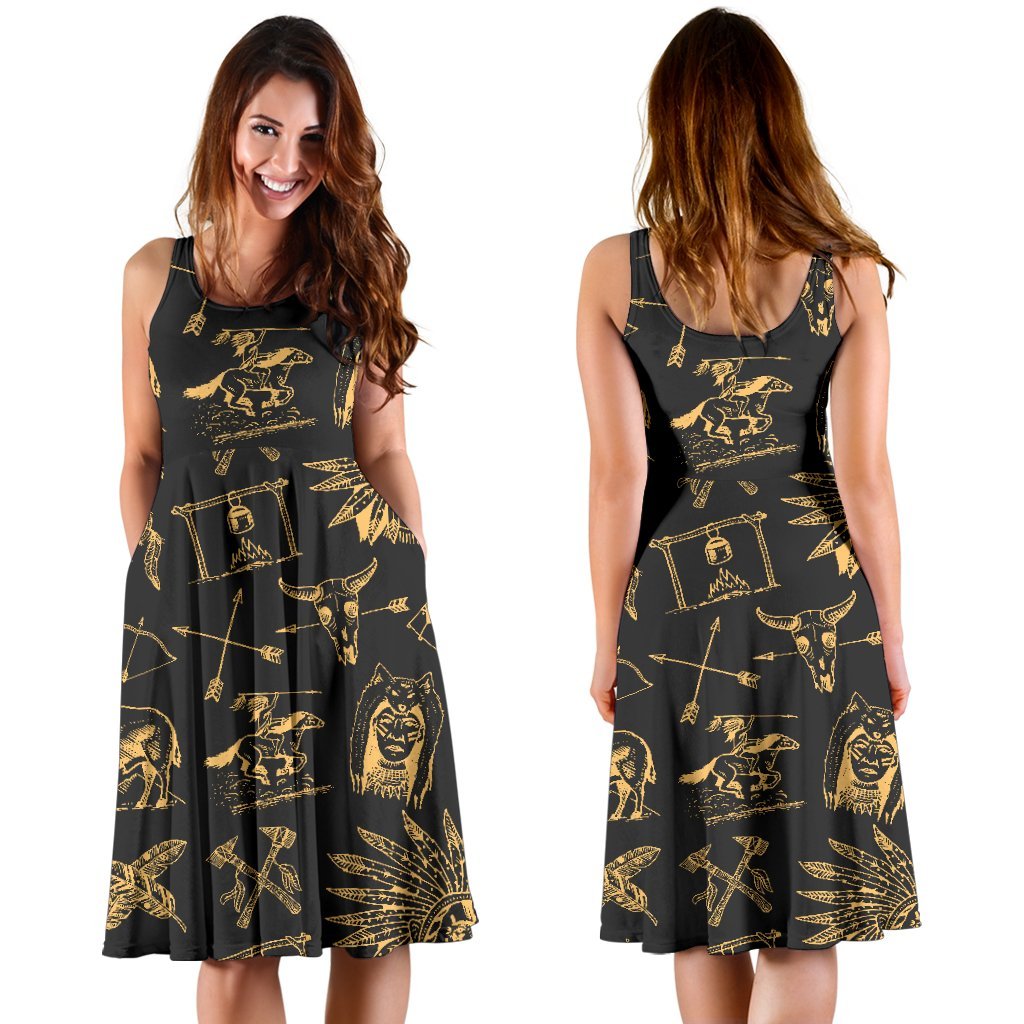 American Indian Gold Style Sleeveless Dress