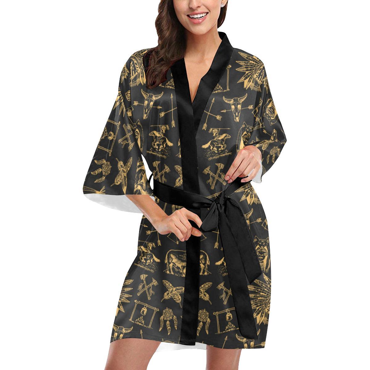 American indian Gold Style Women Short Kimono Robe