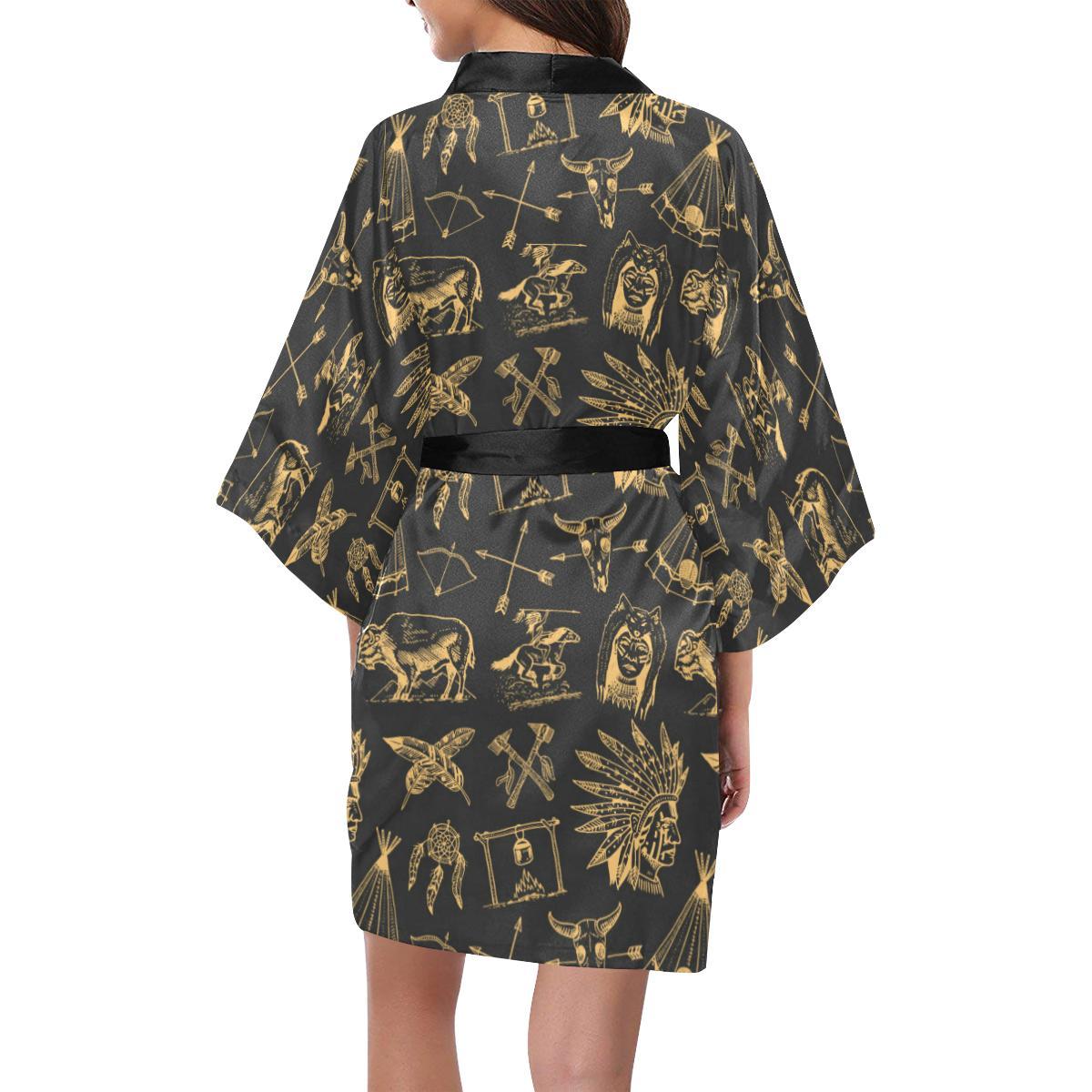 American indian Gold Style Women Short Kimono Robe