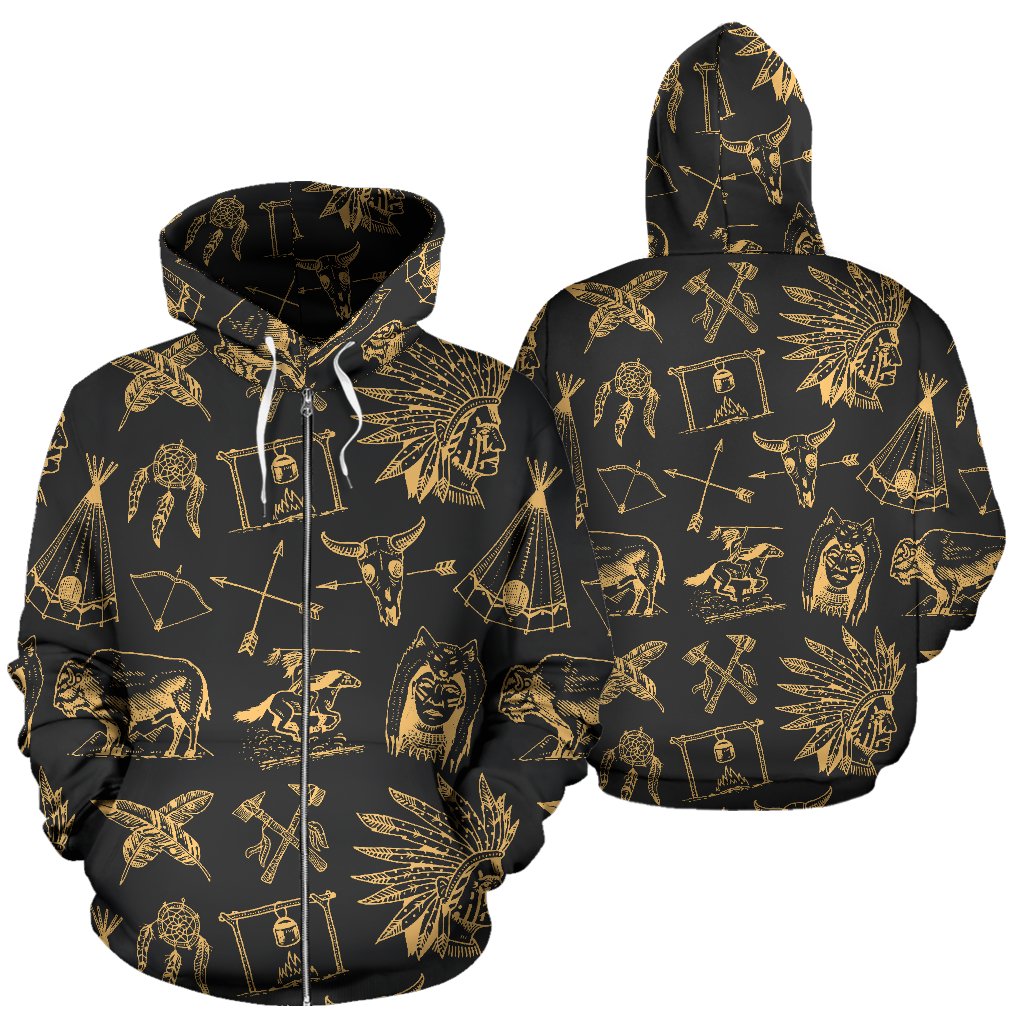 American Indian Gold Style Zip Up Hoodie