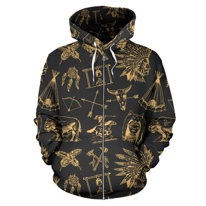 American Indian Gold Style Zip Up Hoodie